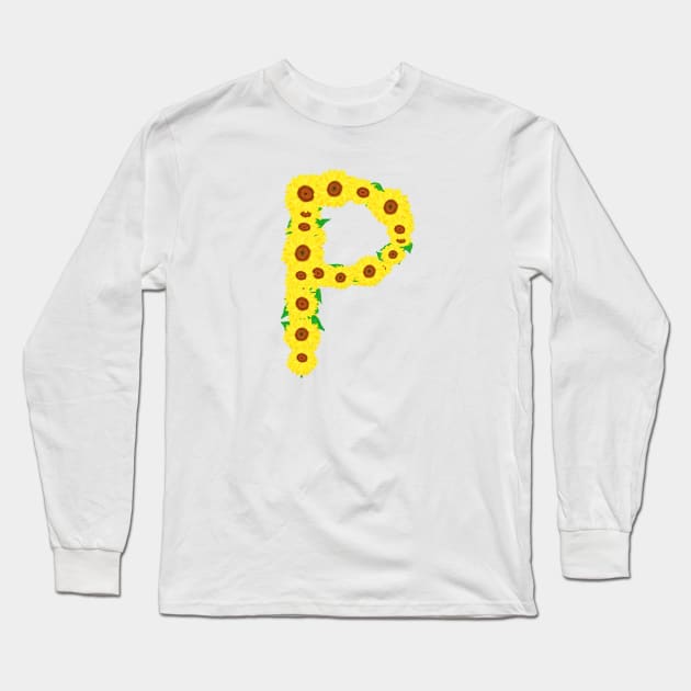 Sunflowers Initial Letter P (White Background) Long Sleeve T-Shirt by Art By LM Designs 